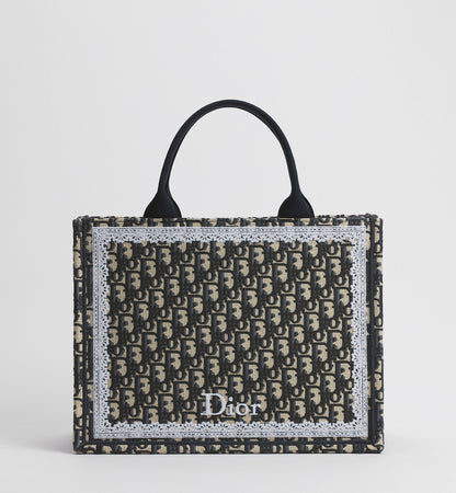 Women's Med Book Tote With Latte & Gray Oblique Embroidery & White Lace & Strap