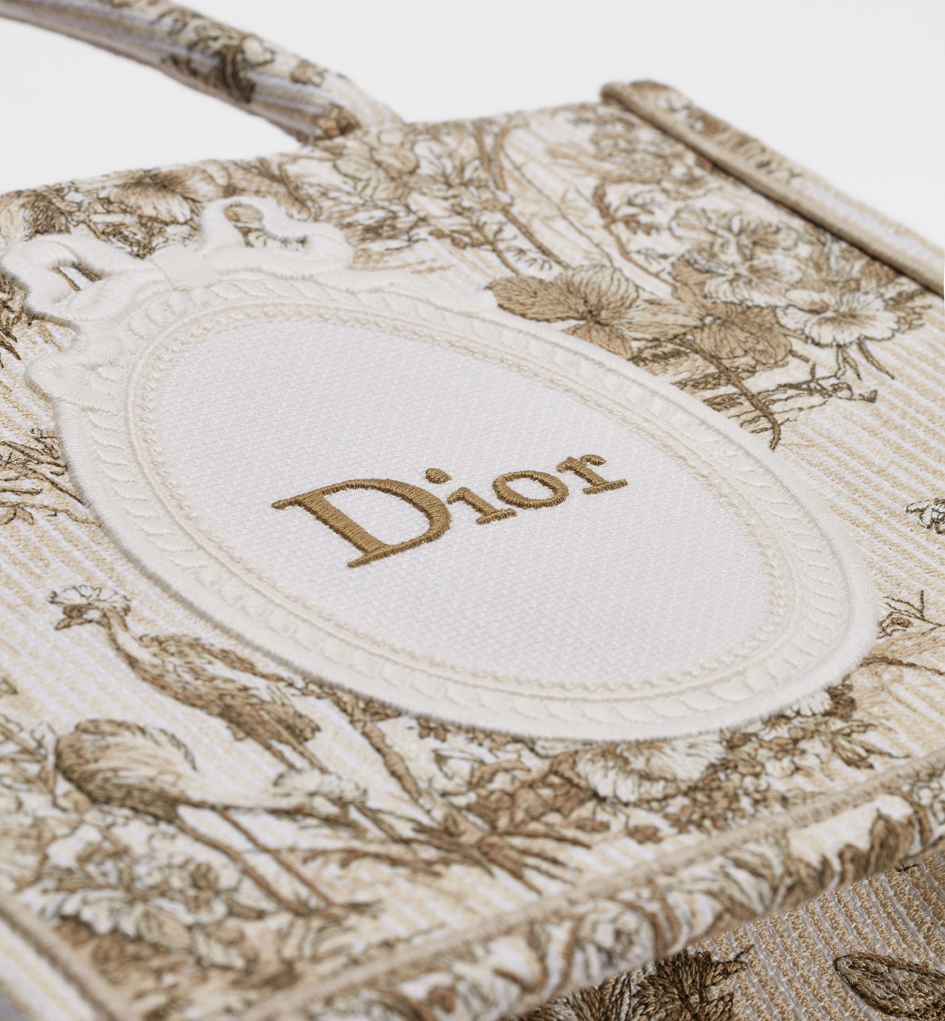 Women's Small Book Tote With Beige Multicolor Toile De Jouy Floral Garden Embroidery And Strap