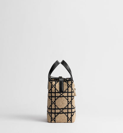 Women's Small Toujours Tote With Macrocannage Raffia And Black Calfskin And Strap