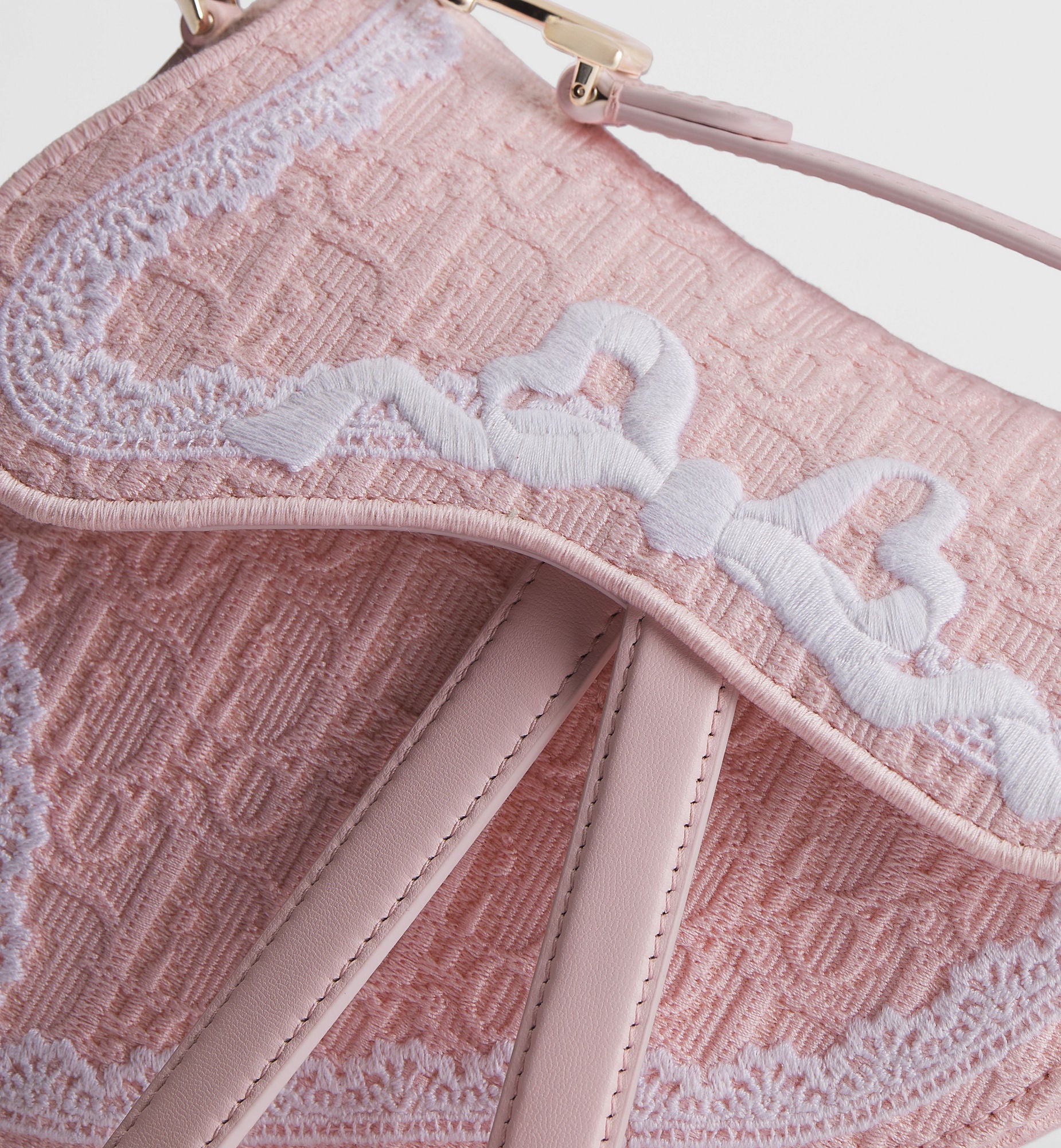Women's Small Saddle Bag With Soupir Pink Oblique Embroidery And White Lace And Strap