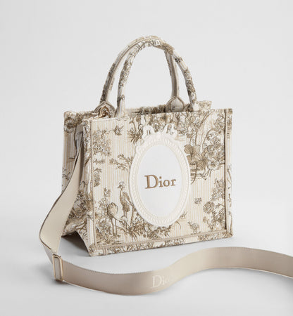 Women's Small Book Tote With Beige Multicolor Toile De Jouy Floral Garden Embroidery And Strap
