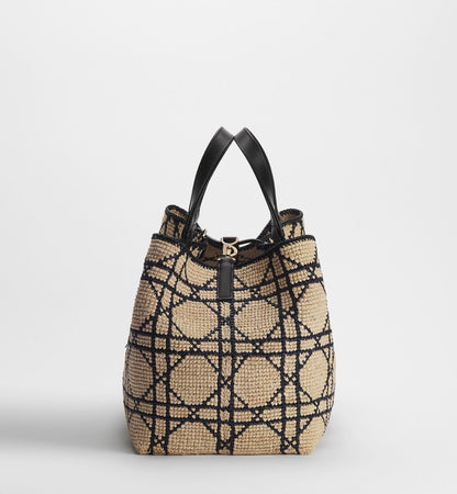 Large Toujours Bag With Natural and Black Macrocannage Raffia and Black Calfskin
