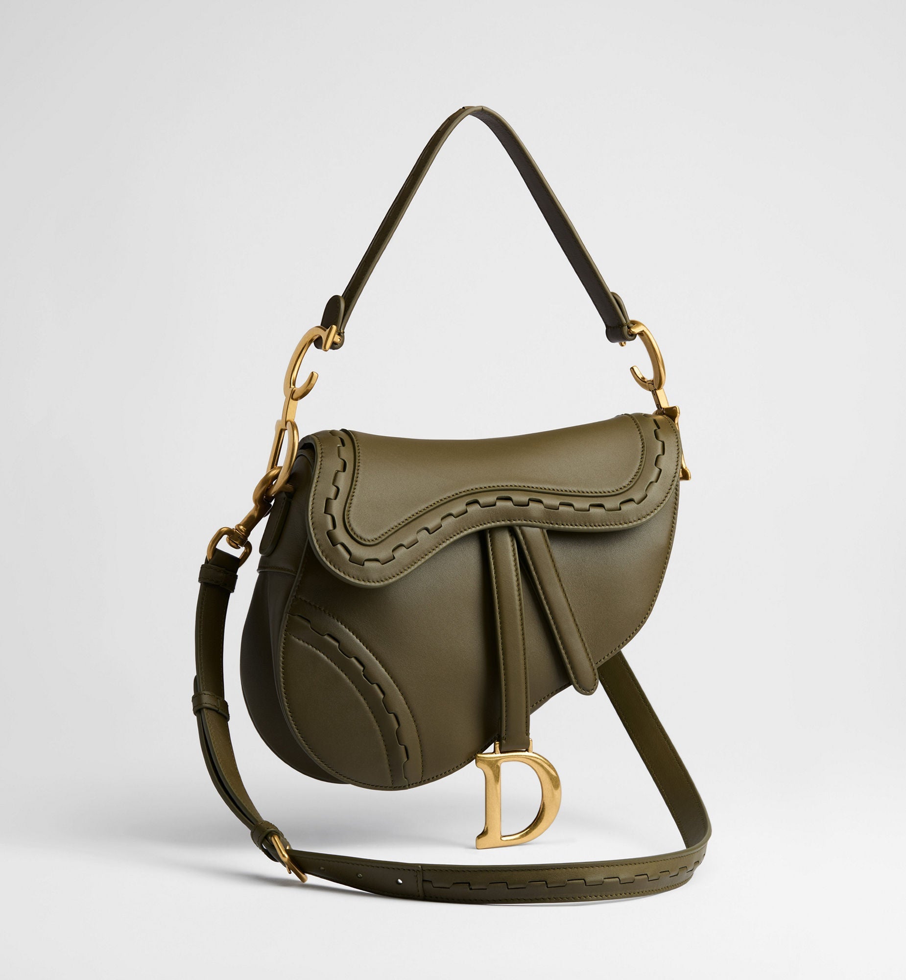 Women's Saddle Bag With Strap In Khaki Calfskin
