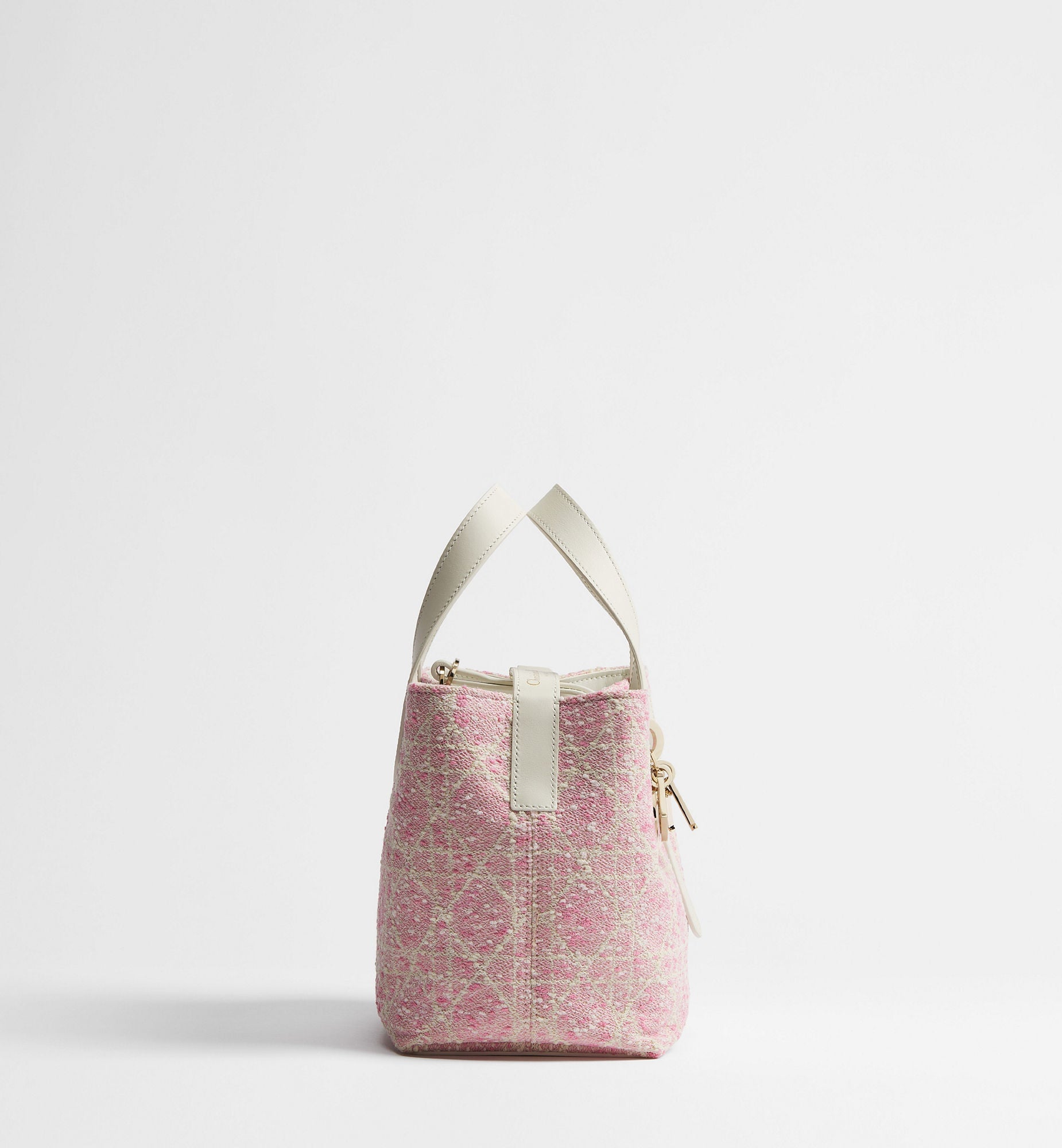 Women's Small Toujours Vertical Tote Bag With Pink Tweed And White Cannage Motif And Strap