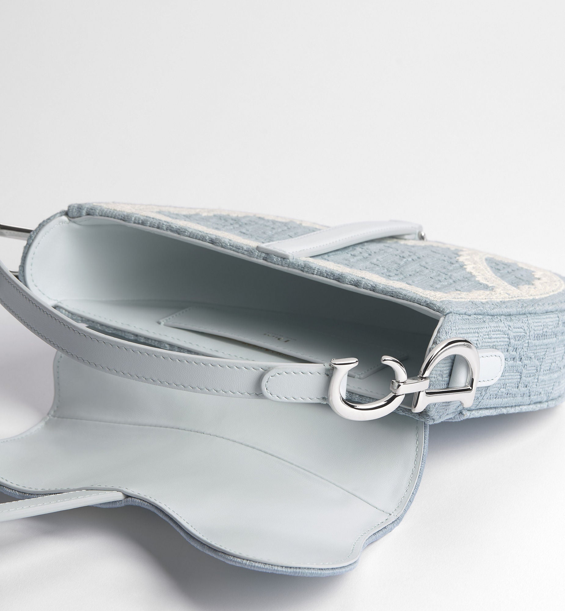 Women's Small Saddle Bag With Céleste Blue Oblique Embroidery And White Lace And Strap