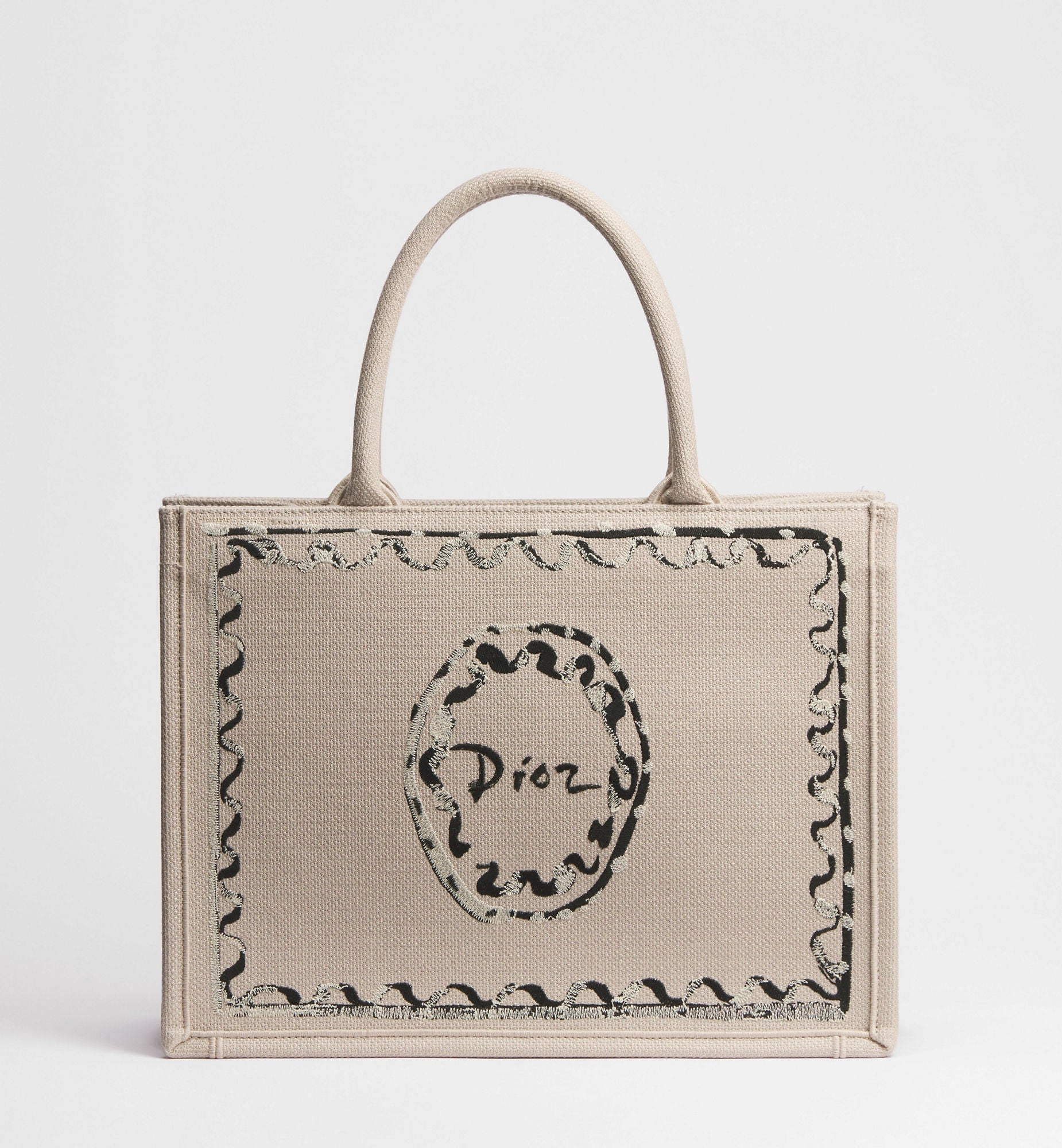 Women's Medium Book Tote With Beige Painted Ribbon Embroidery And Shoulder Strap