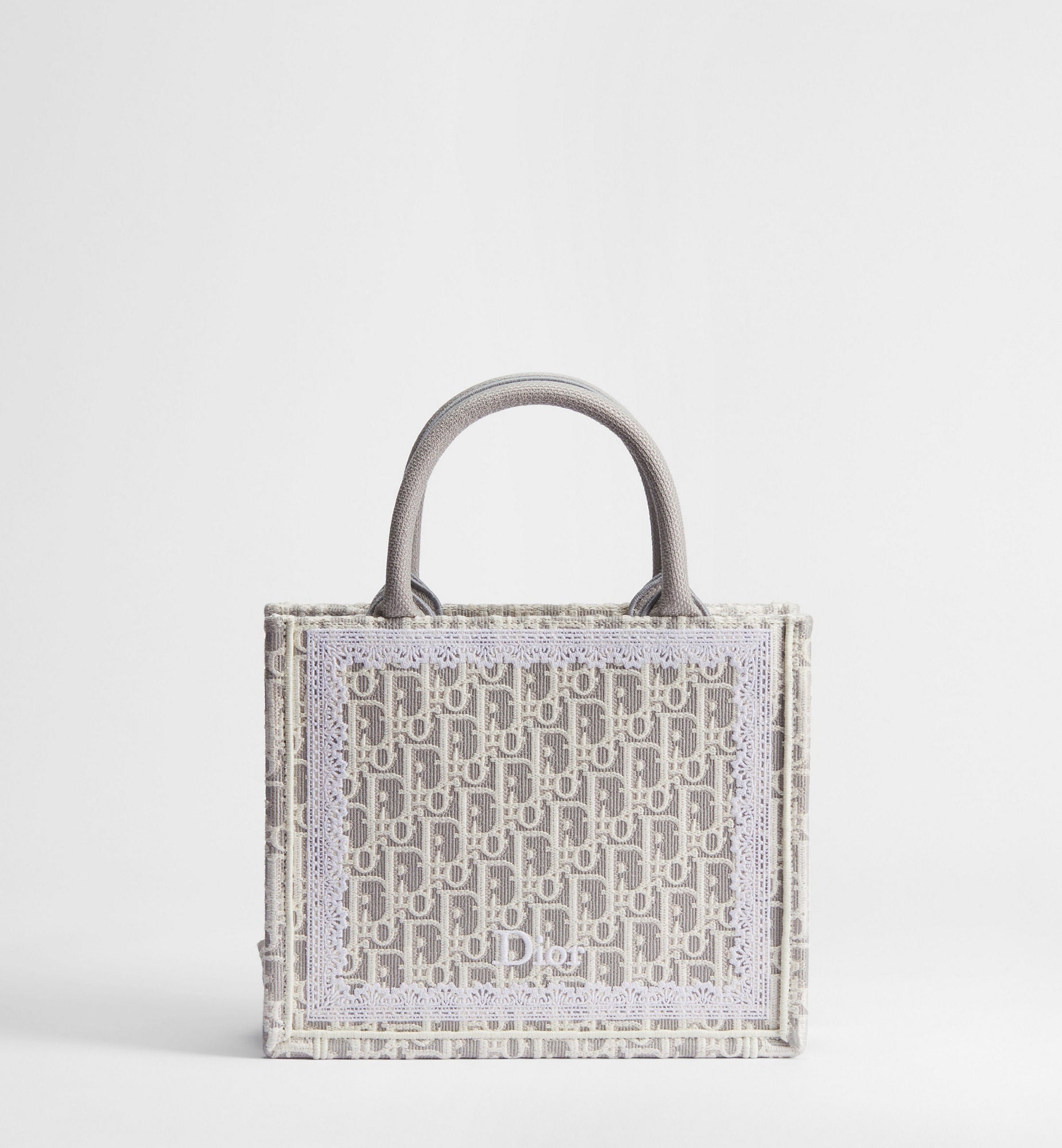 Women's Small Book Tote With Strap In Latte And Gray Oblique Embroidery And White Lace