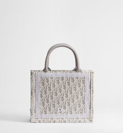 Women's Small Book Tote With Strap In Latte And Gray Oblique Embroidery And White Lace