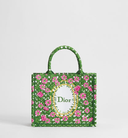 Women's Small Book Tote With Multicolor Cannage Garden Embroidery And Strap