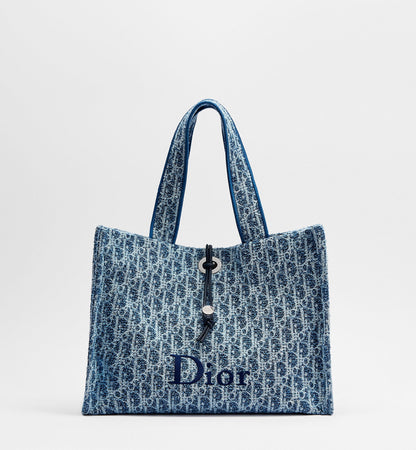 Women's Medium Spongy Book Tote With Blue Textured Fabric And Drawstring Closure