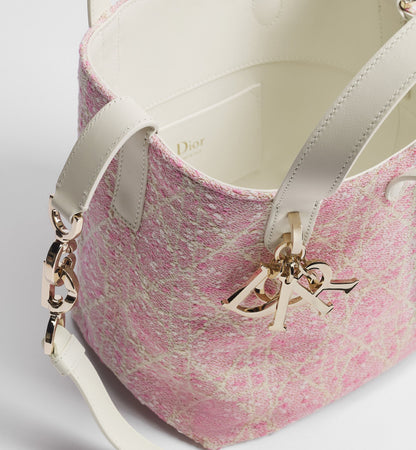 Women's Small Toujours Vertical Tote Bag With Pink Tweed And White Cannage Motif And Strap