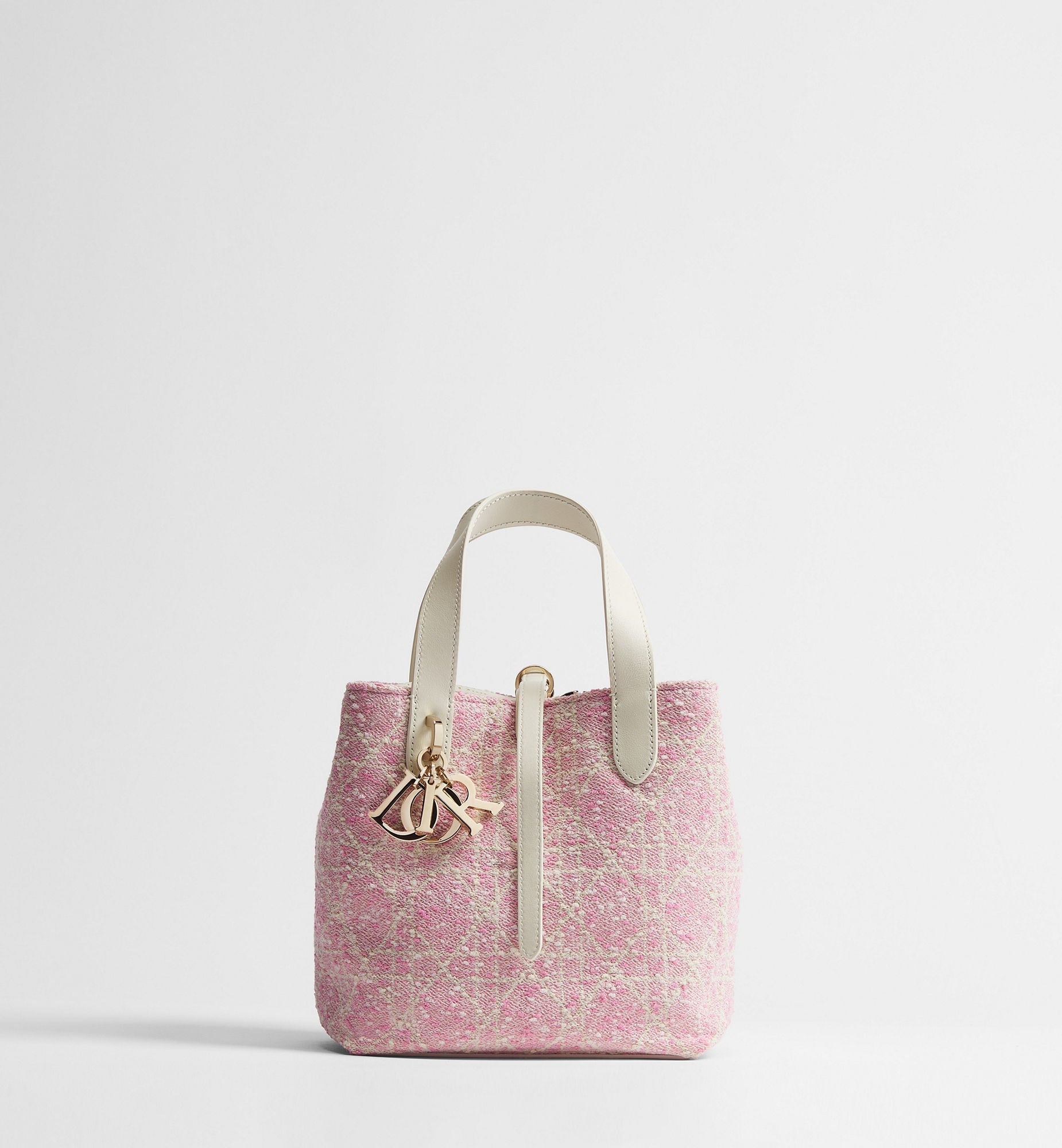 Women's Small Toujours Vertical Tote Bag With Pink Tweed And White Cannage Motif And Strap