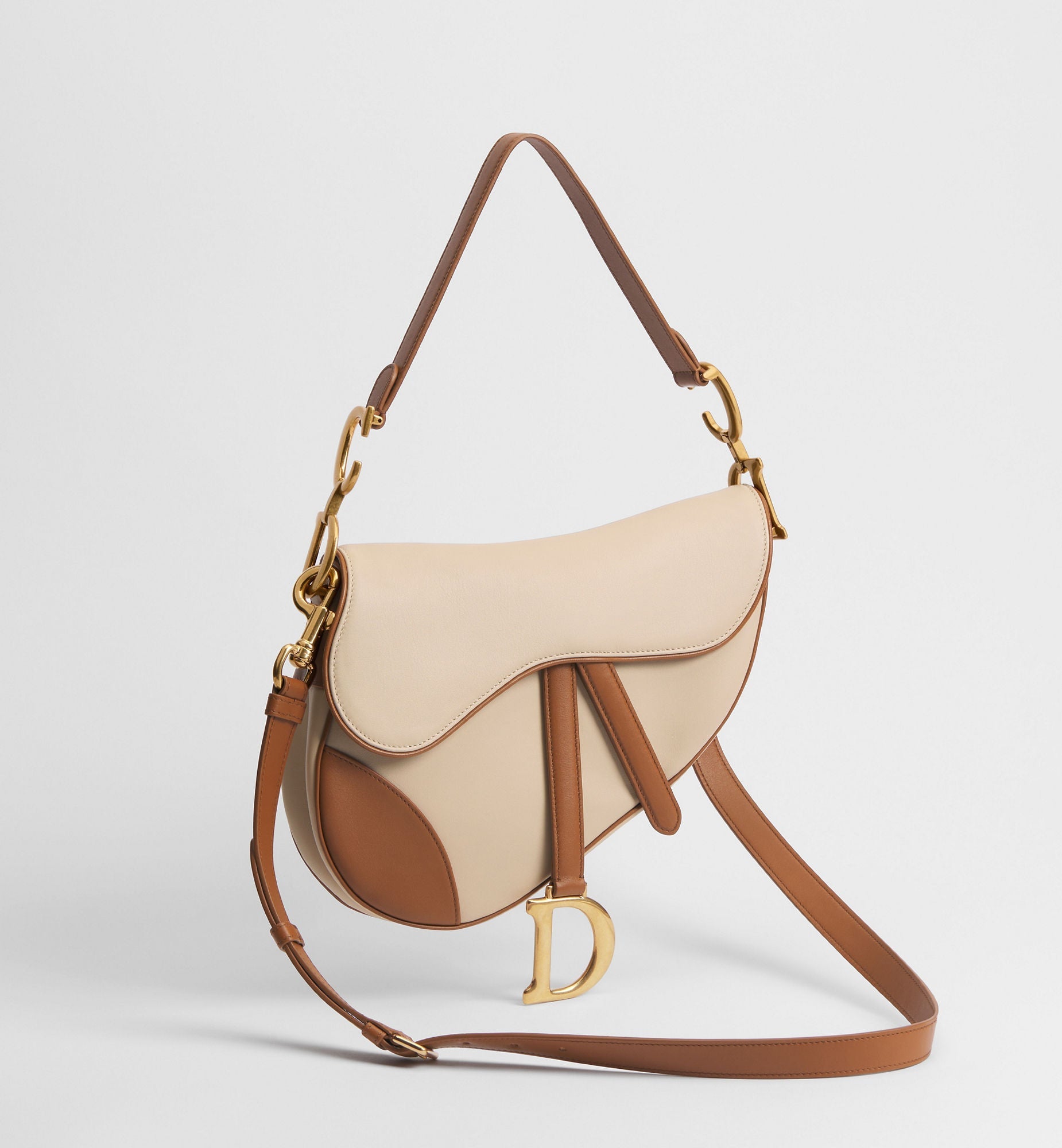 Women's Medium Saddle Bag With Two-Tone Trench And Marron Bobby Calfskin And Strap