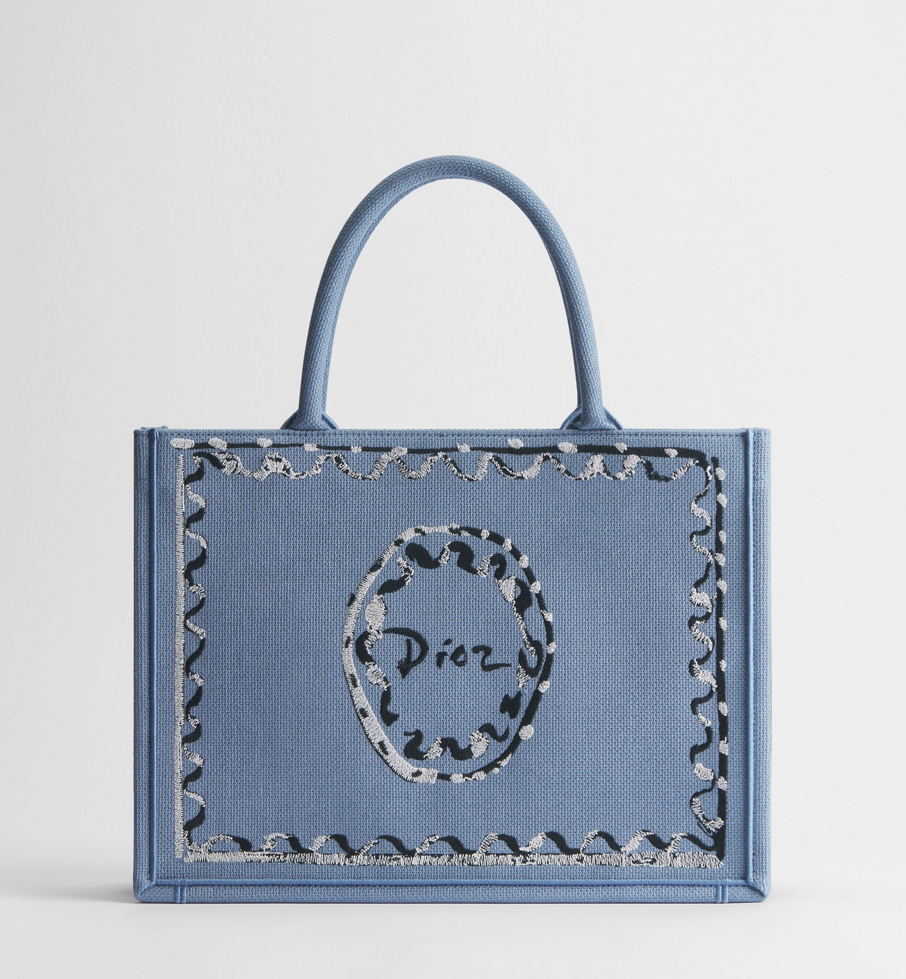 Women's Medium Book Tote With Blue-Greige Painted Ribbon And Shoulder Strap