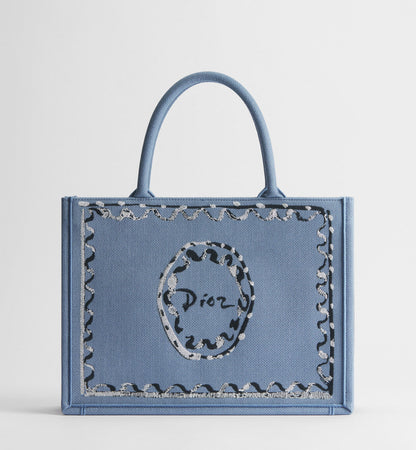 Women's Medium Book Tote With Blue-Greige Painted Ribbon And Shoulder Strap