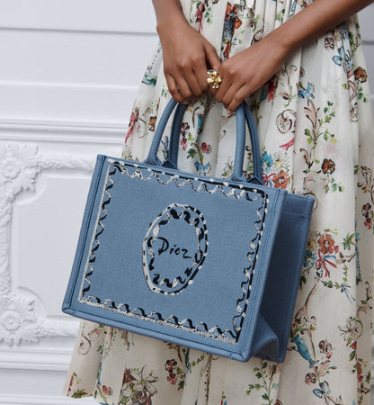 Women's Medium Book Tote With Blue-Greige Painted Ribbon And Shoulder Strap
