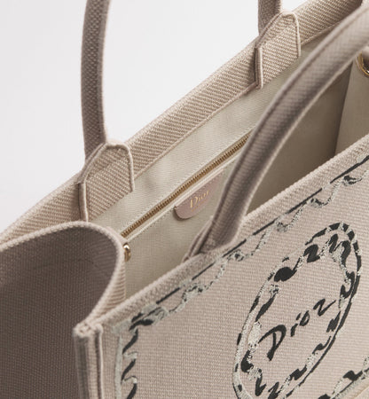 Women's Medium Book Tote With Beige Painted Ribbon Embroidery And Shoulder Strap