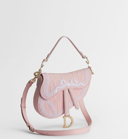 Women's Small Saddle Bag With Soupir Pink Oblique Embroidery And White Lace And Strap