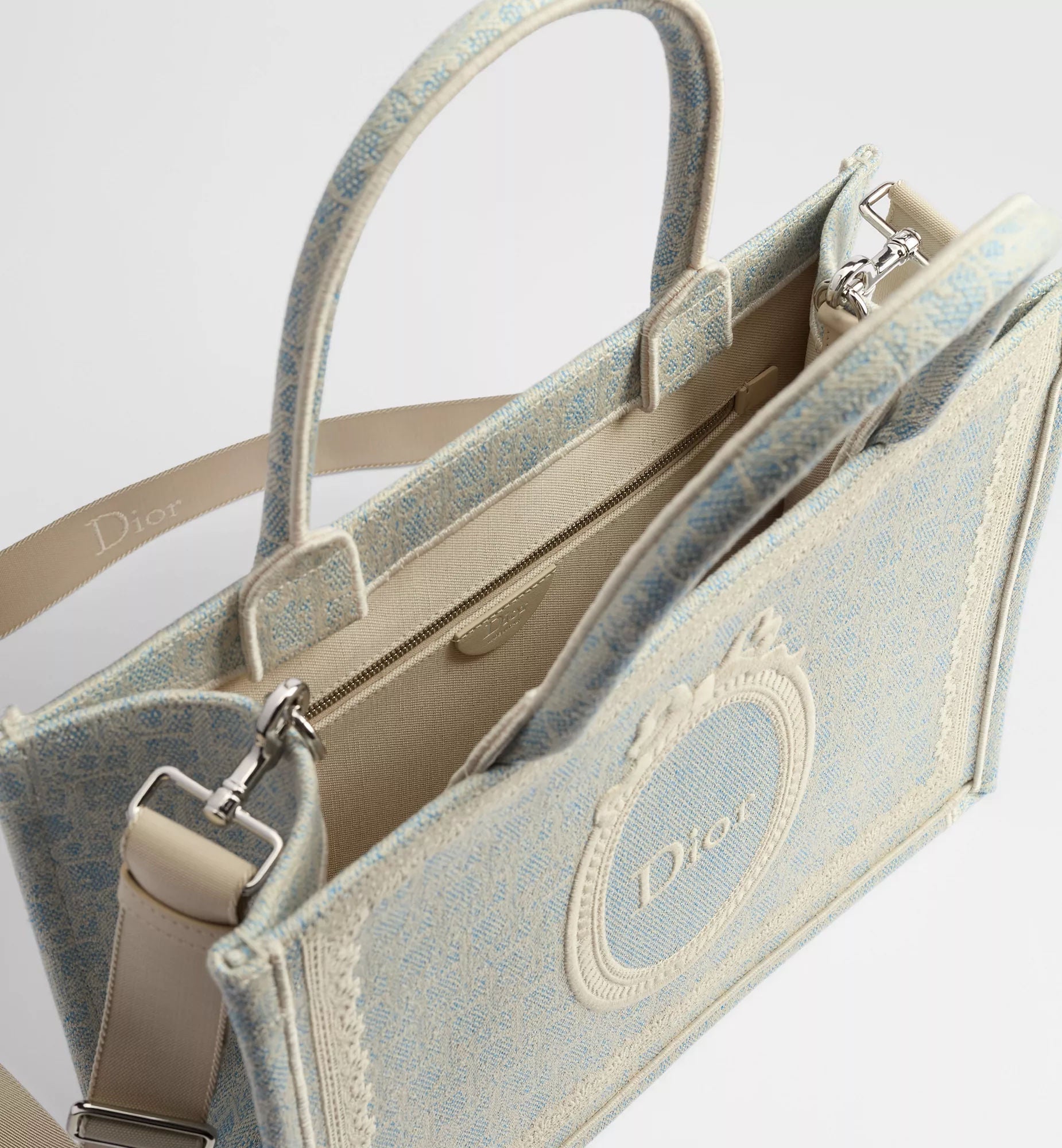 Women's Medium Book Tote With Céleste Blue Washed Embroidery And Shoulder Strap
