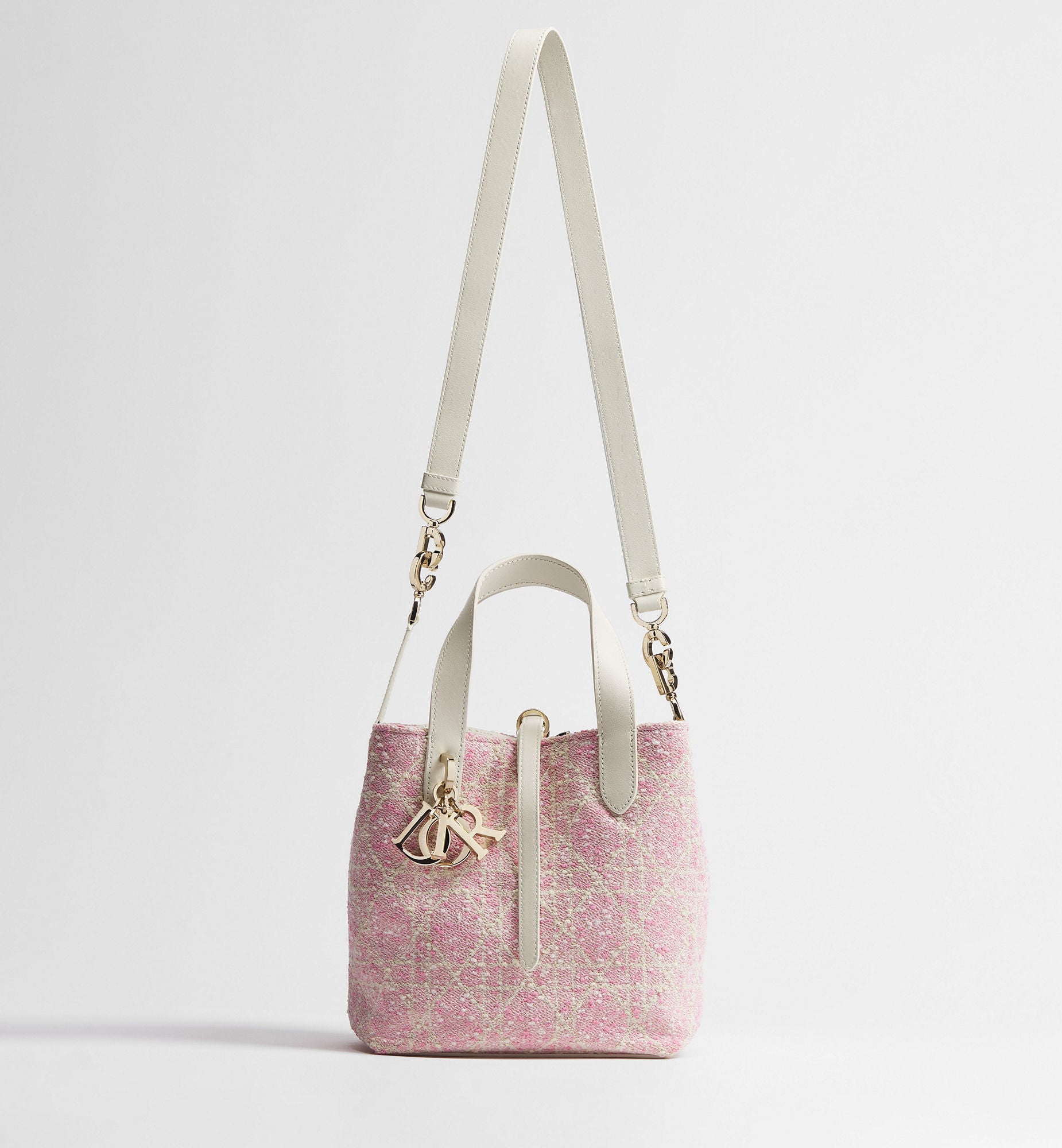 Women's Small Toujours Vertical Tote Bag With Pink Tweed And White Cannage Motif And Strap