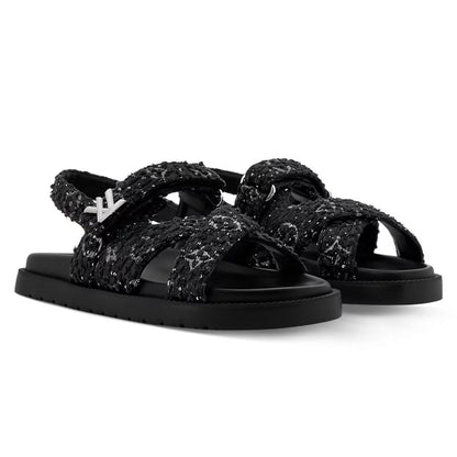 LV Sunset Flat Comfort Sandal Black Tweed Fabric