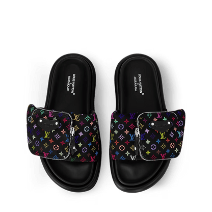 LV Pool Pillow Flat Comfort Mule  x "Takashi Murakami" Black Multicolor