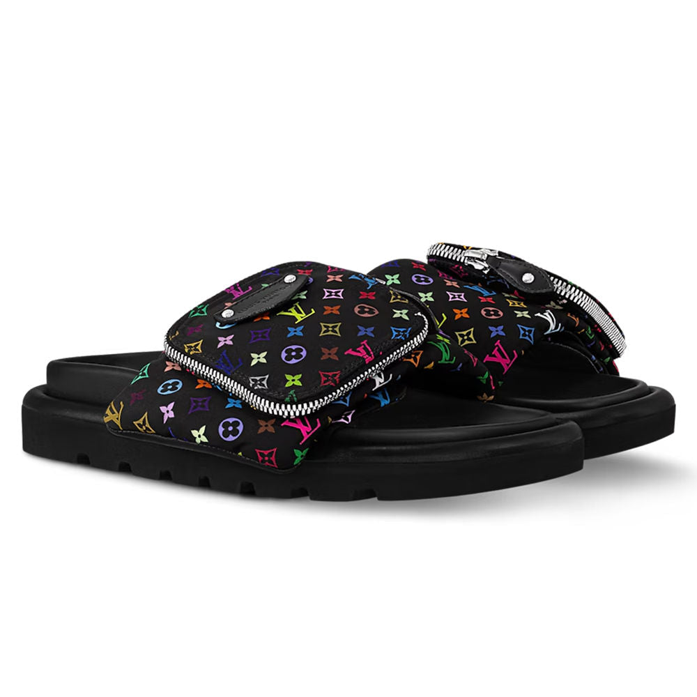 LV Pool Pillow Flat Comfort Mule  x "Takashi Murakami" Black Multicolor