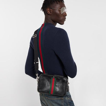 Men's Small Crossbody Bag With Soft Leather And Web Intarsia
