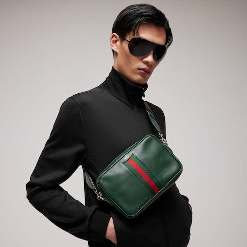 Men's Small Crossbody Bag With Leather And Web Intarsia