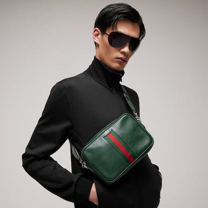 Men's Small Crossbody Bag With Leather And Web Intarsia