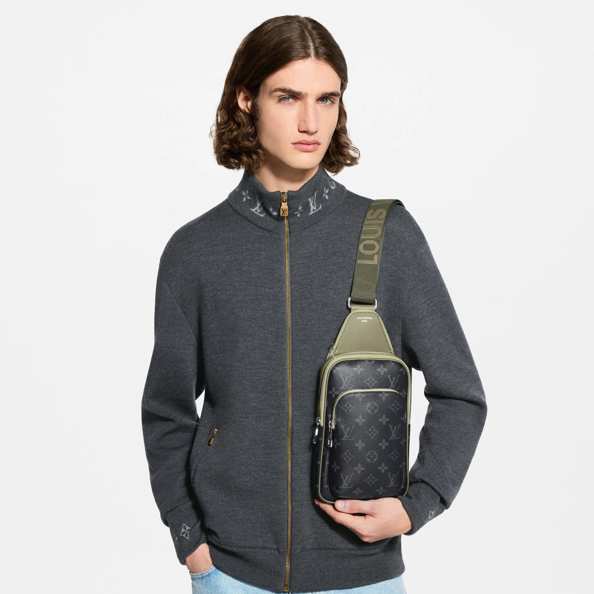 Avenue Slingbag PM Monogram Eclipse Canvas Khaki Green Palladium-Tone Hardware