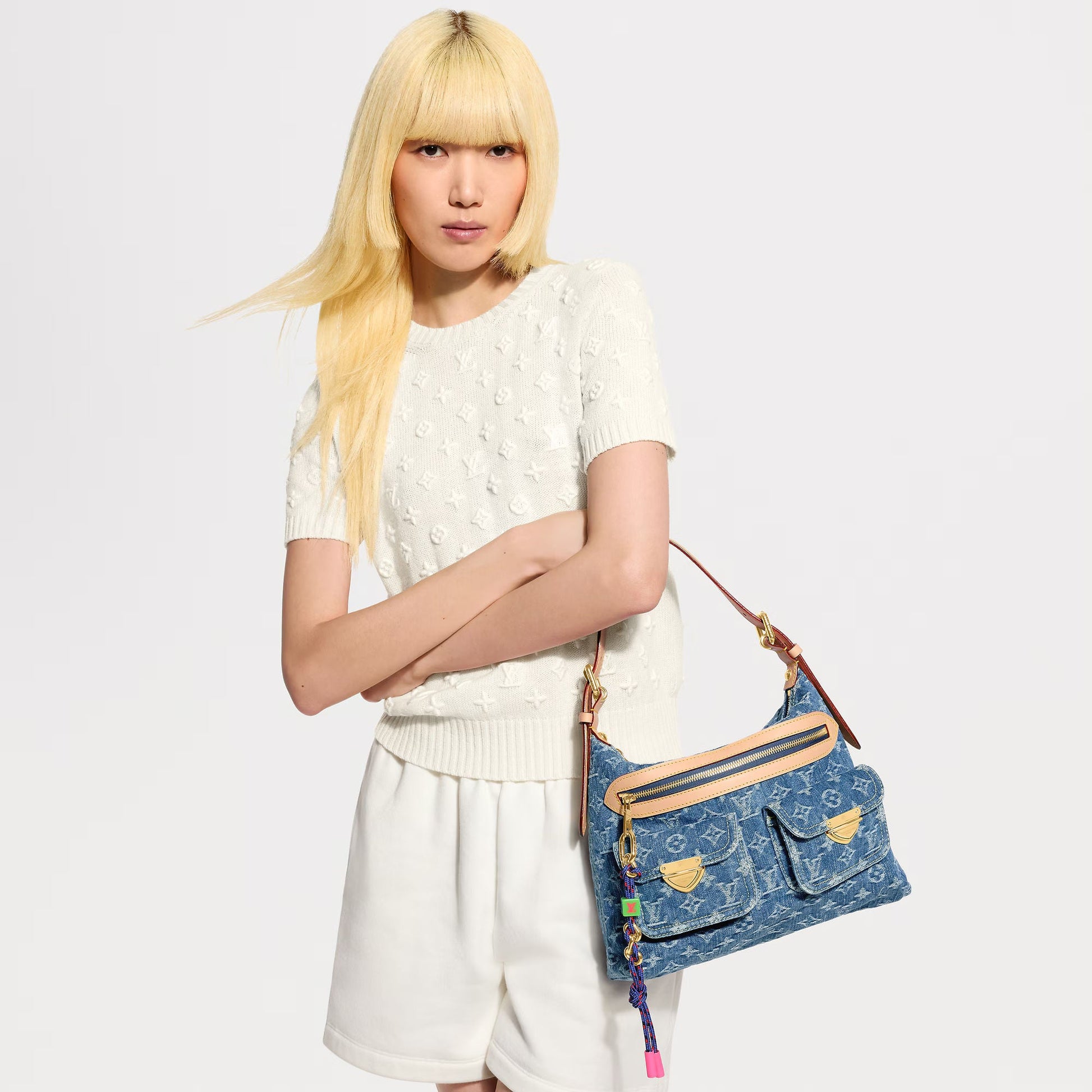 Baggy NM Blue Denim Cowhide-Leather Trim Gold-Toned Hardware