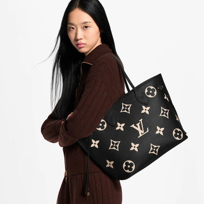 Women's Neverfull MM Black Beige Monogram Empreinte Leather Tote Bag M58907