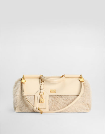 Medium My Sicily Handbag Fur and Plongé Calfskin Beige Vintage Brass Hardware