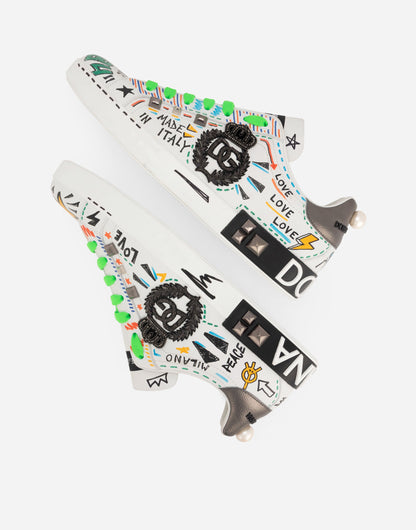 Calfskin Portofino Sneakers With Embroidery and Studs Multicolor
